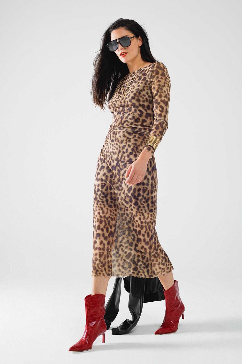 sheer long sleeve leopard print bodycon midi dress - Dresses