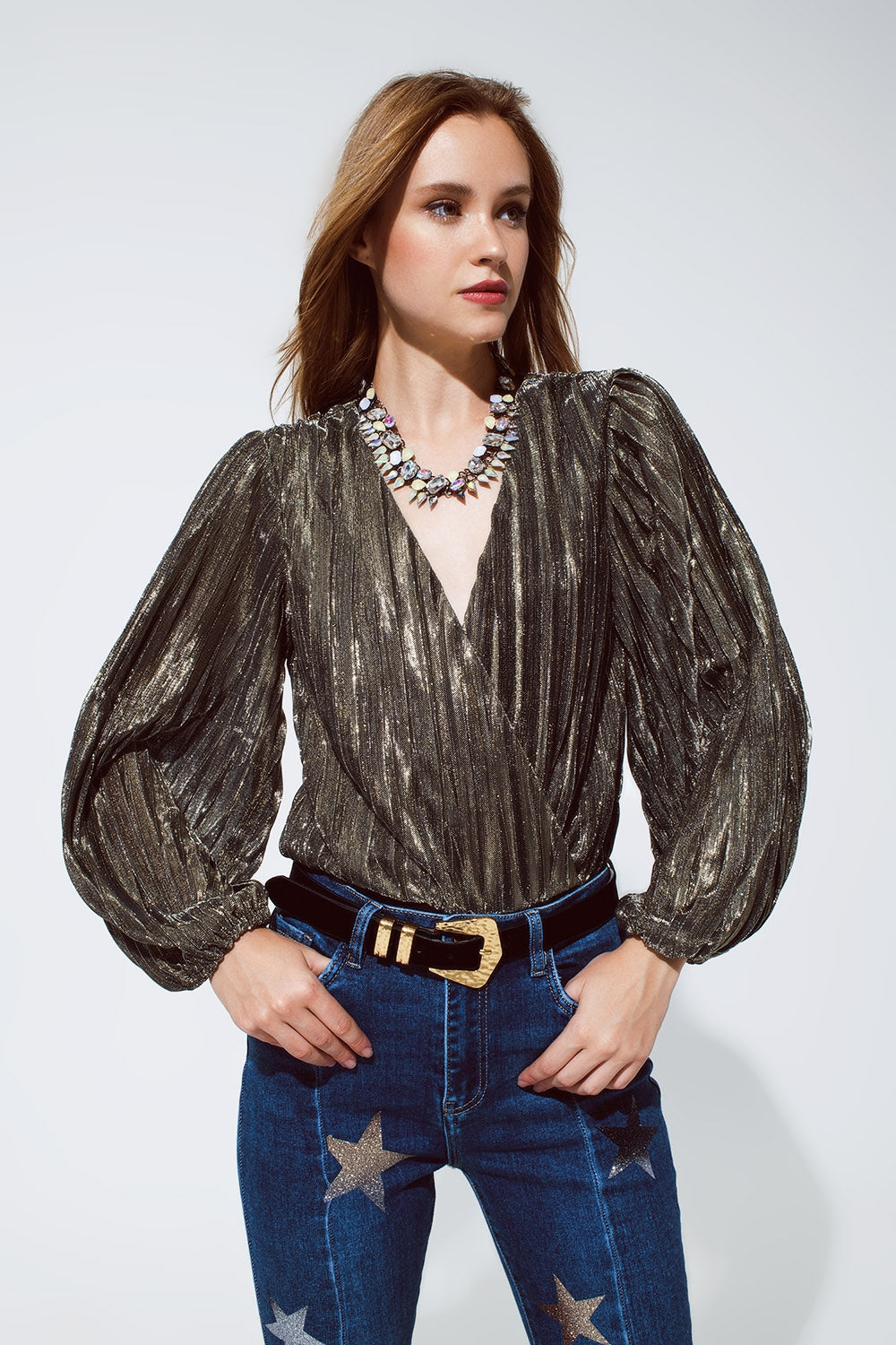 Shiny Glitter Body with Deep V Neck in gold - Bodysuits