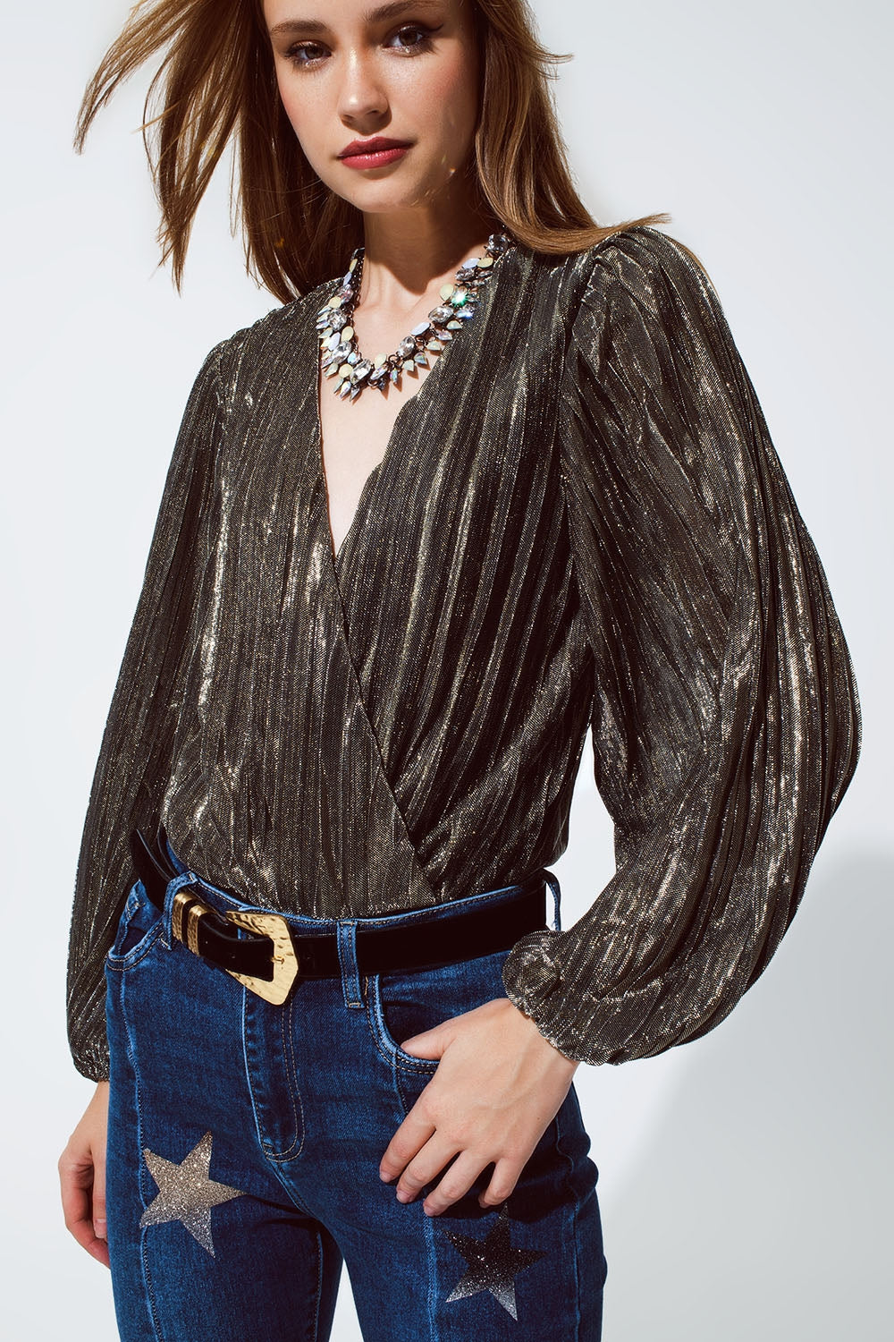Shiny Glitter Body with Deep V Neck in gold - Bodysuits