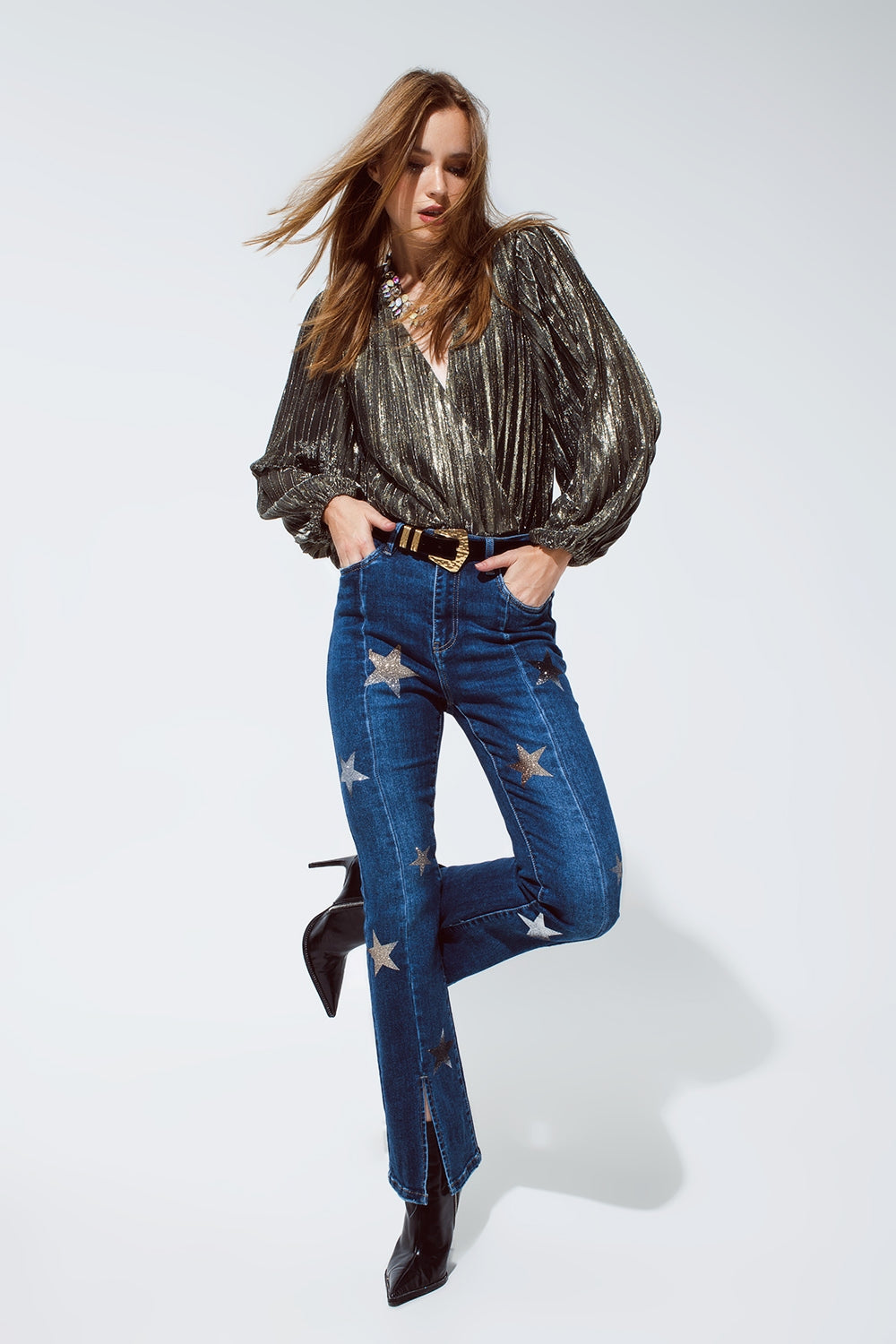 Shiny Glitter Body with Deep V Neck in gold - Bodysuits