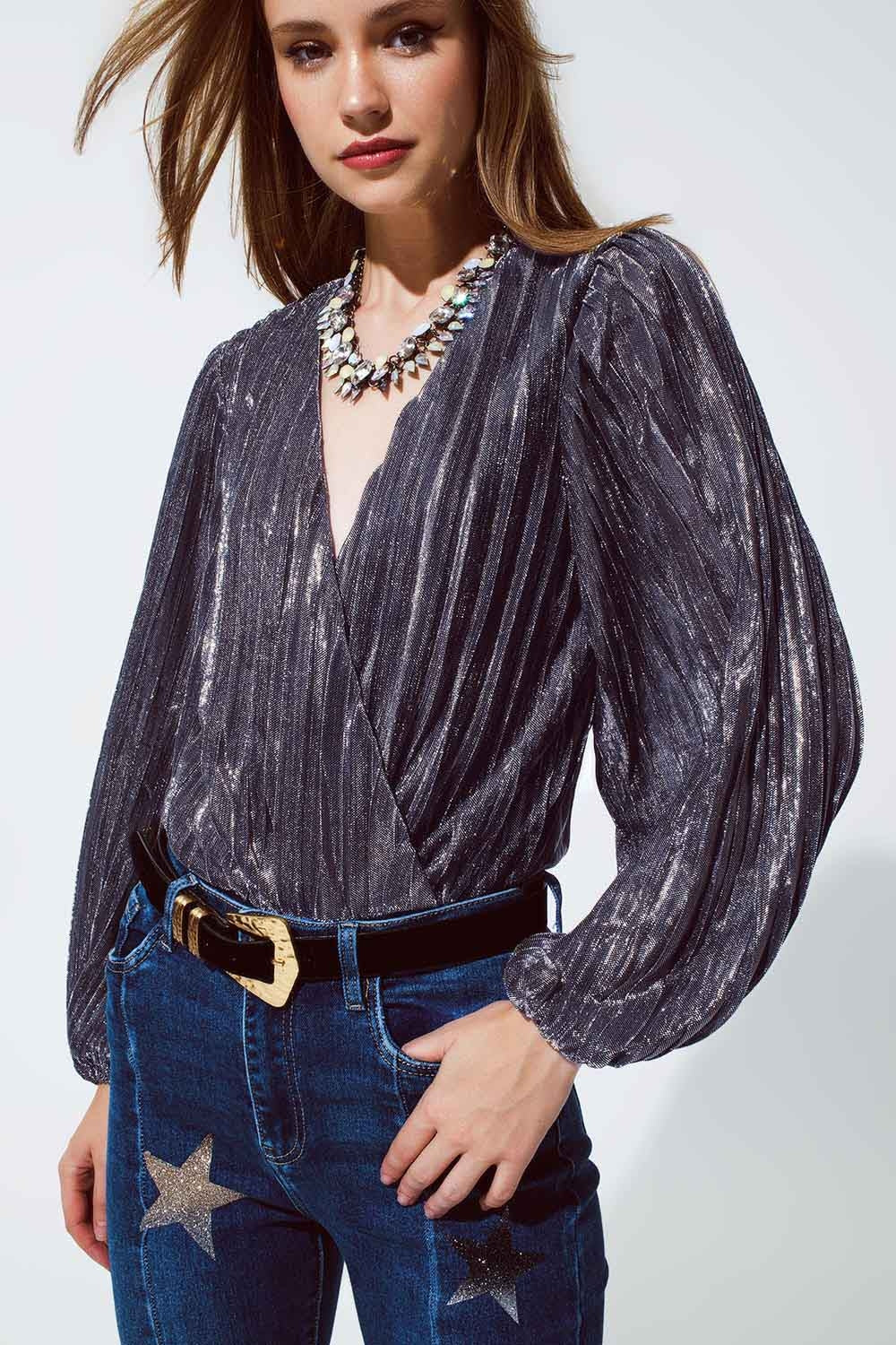 Shiny Glitter Body with Deep V-Neck in Silver - Bodysuits