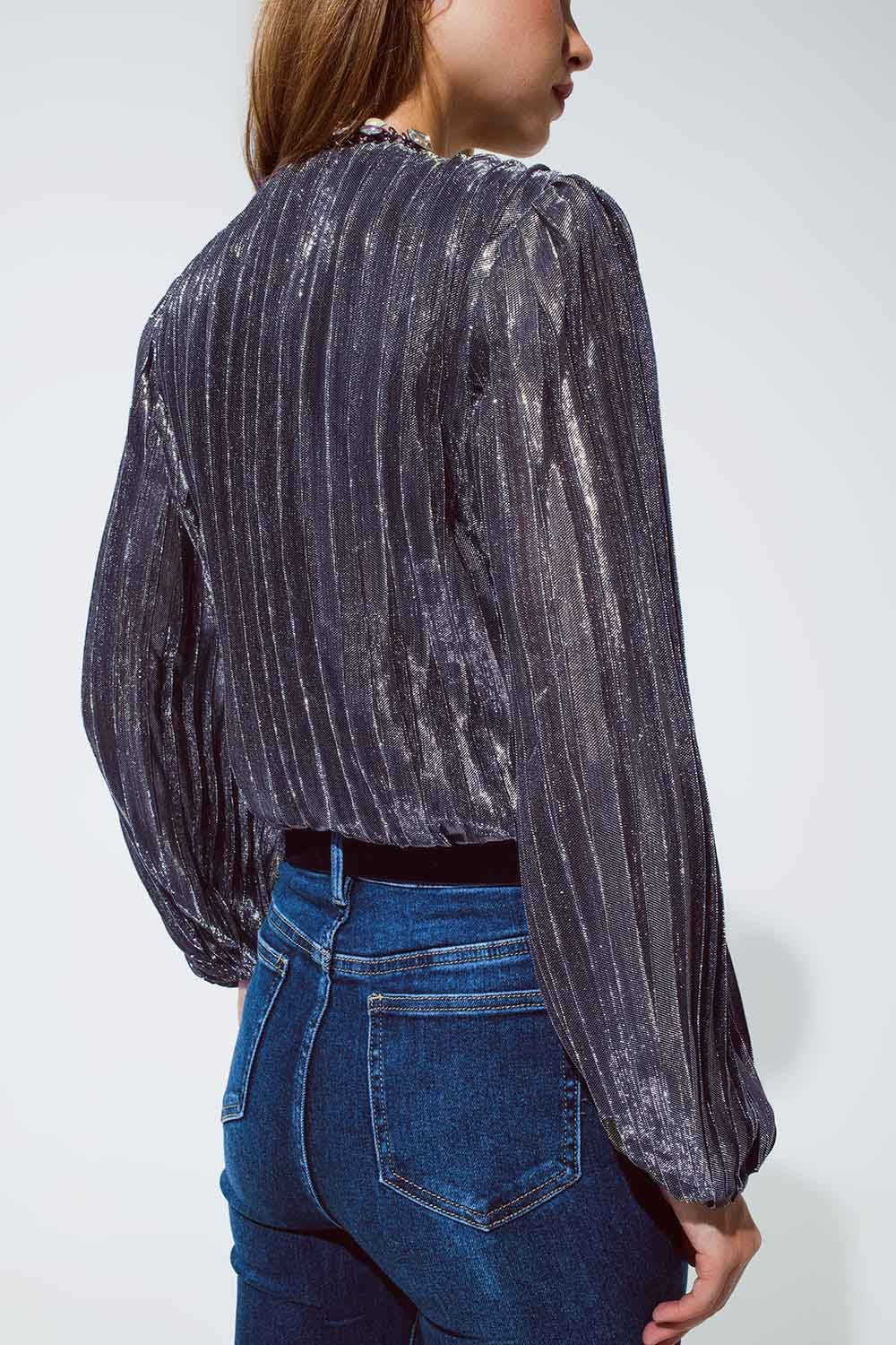 Shiny Glitter Body with Deep V-Neck in Silver - Bodysuits