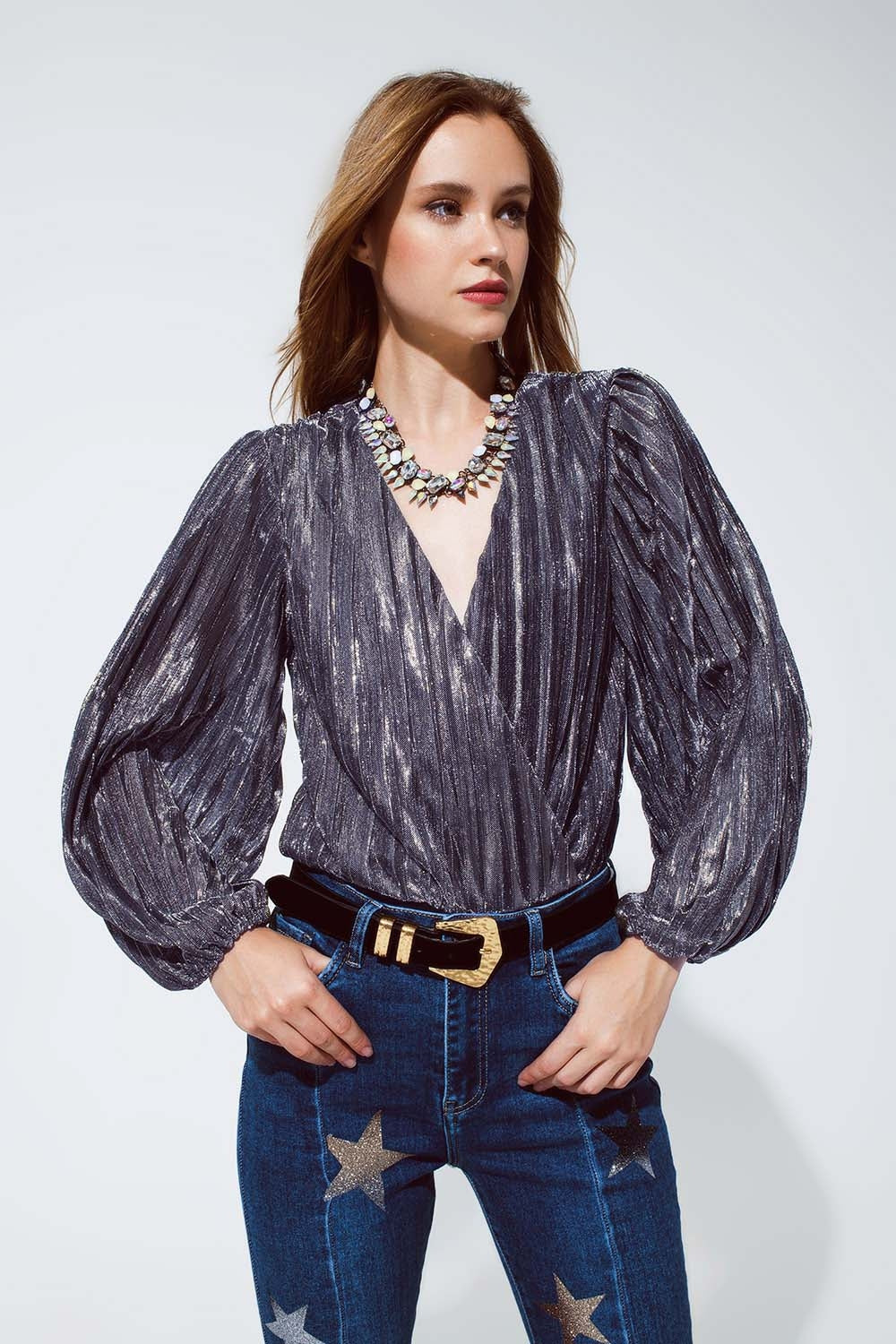 Shiny Glitter Body with Deep V-Neck in Silver - Bodysuits