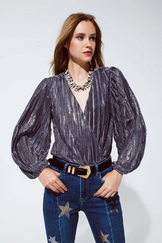 Shiny Glitter Body with Deep V-Neck in Silver