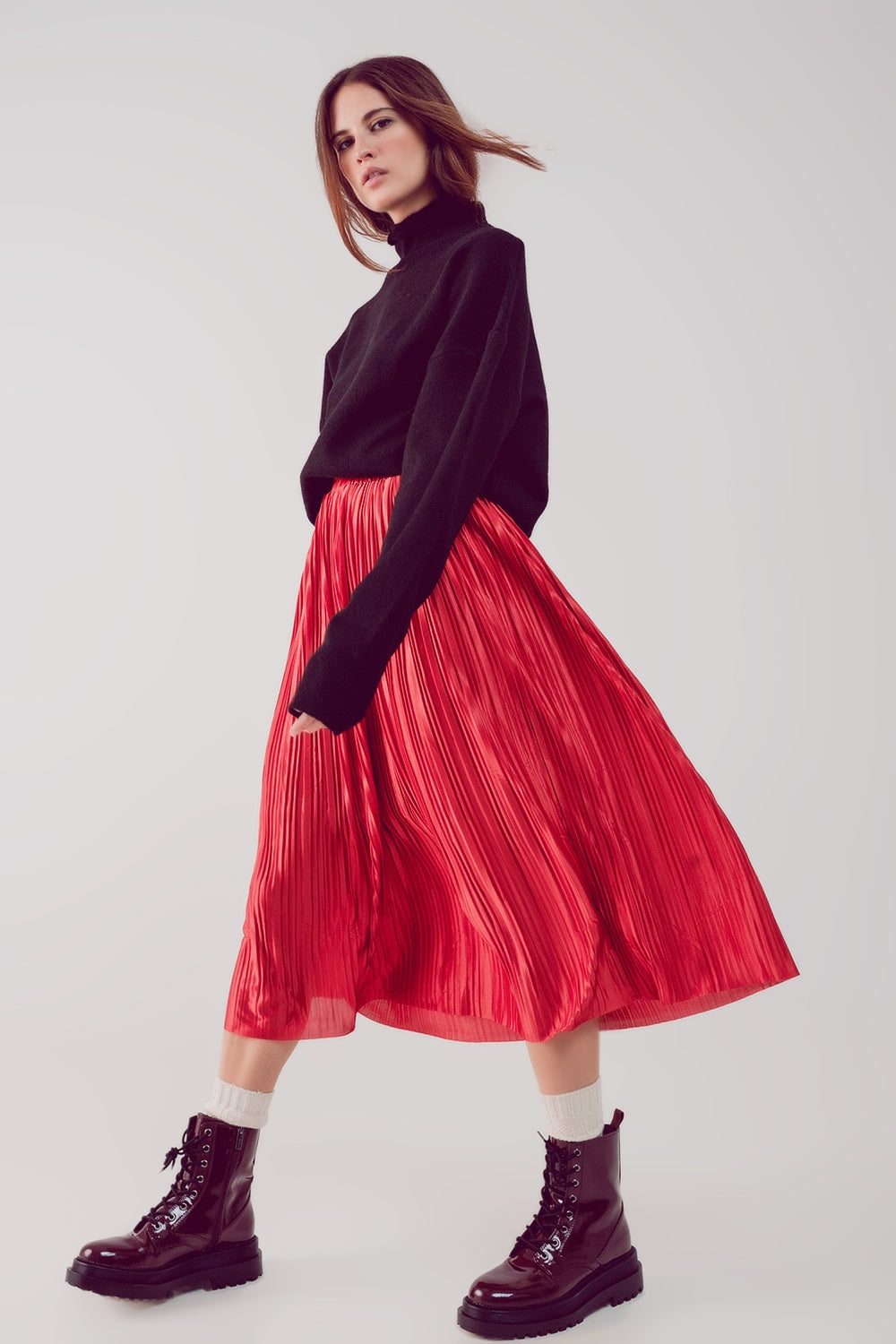 Shiny rust pleated midi skirt - Skirts