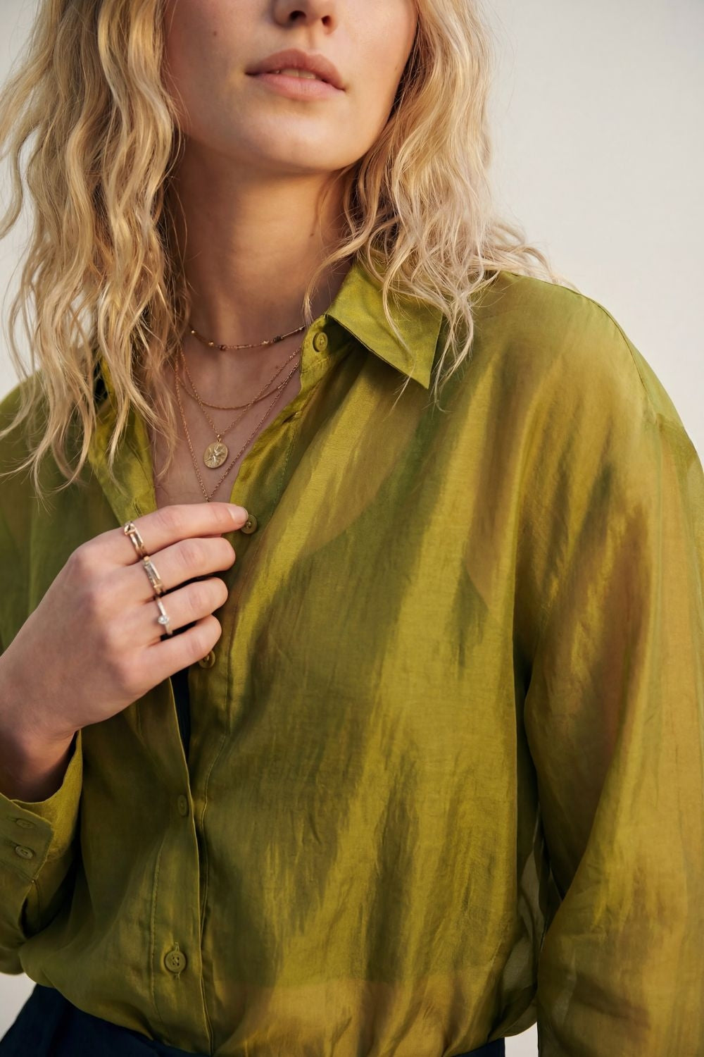 shiny satin Shirt with Relaxed Fit in olive color - Shirts