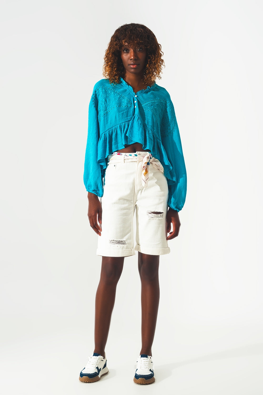 Shirred crop top with embroidery in blue - Tops