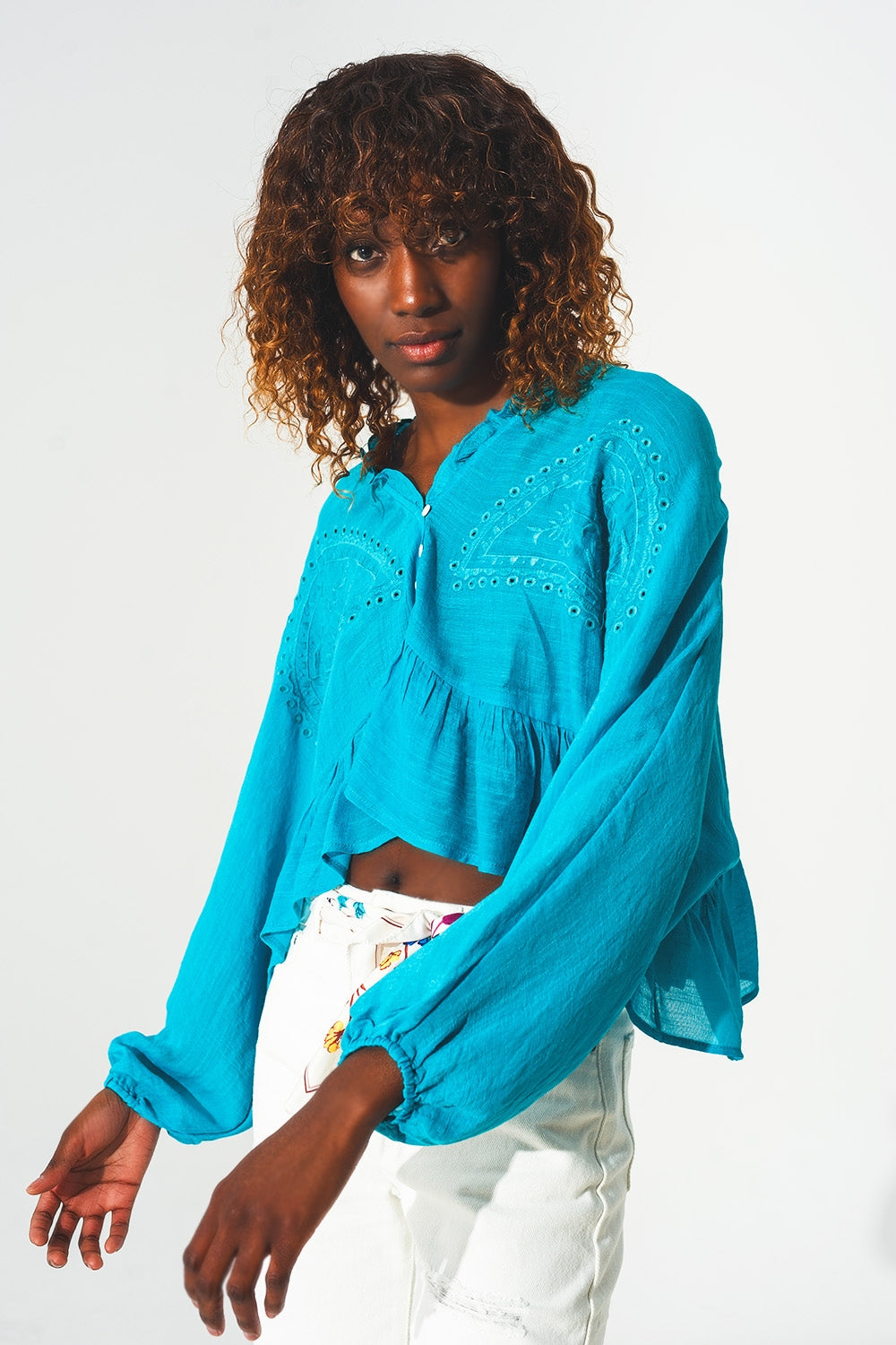 Shirred crop top with embroidery in blue - Tops