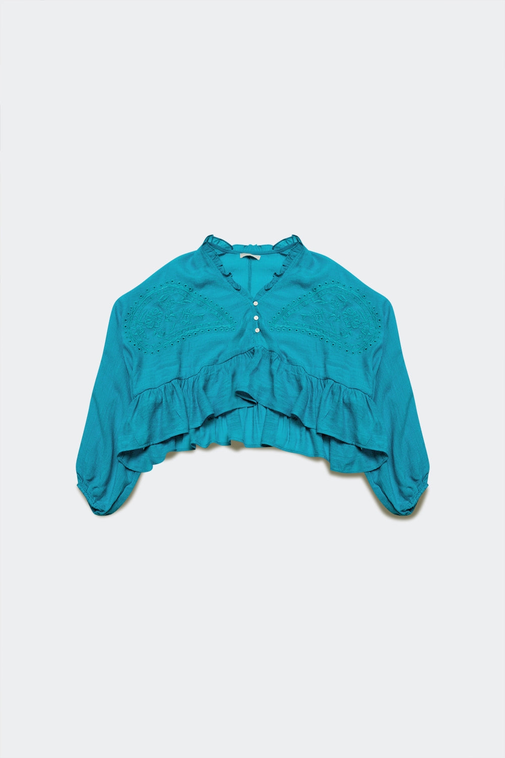 Shirred crop top with embroidery in blue - Tops