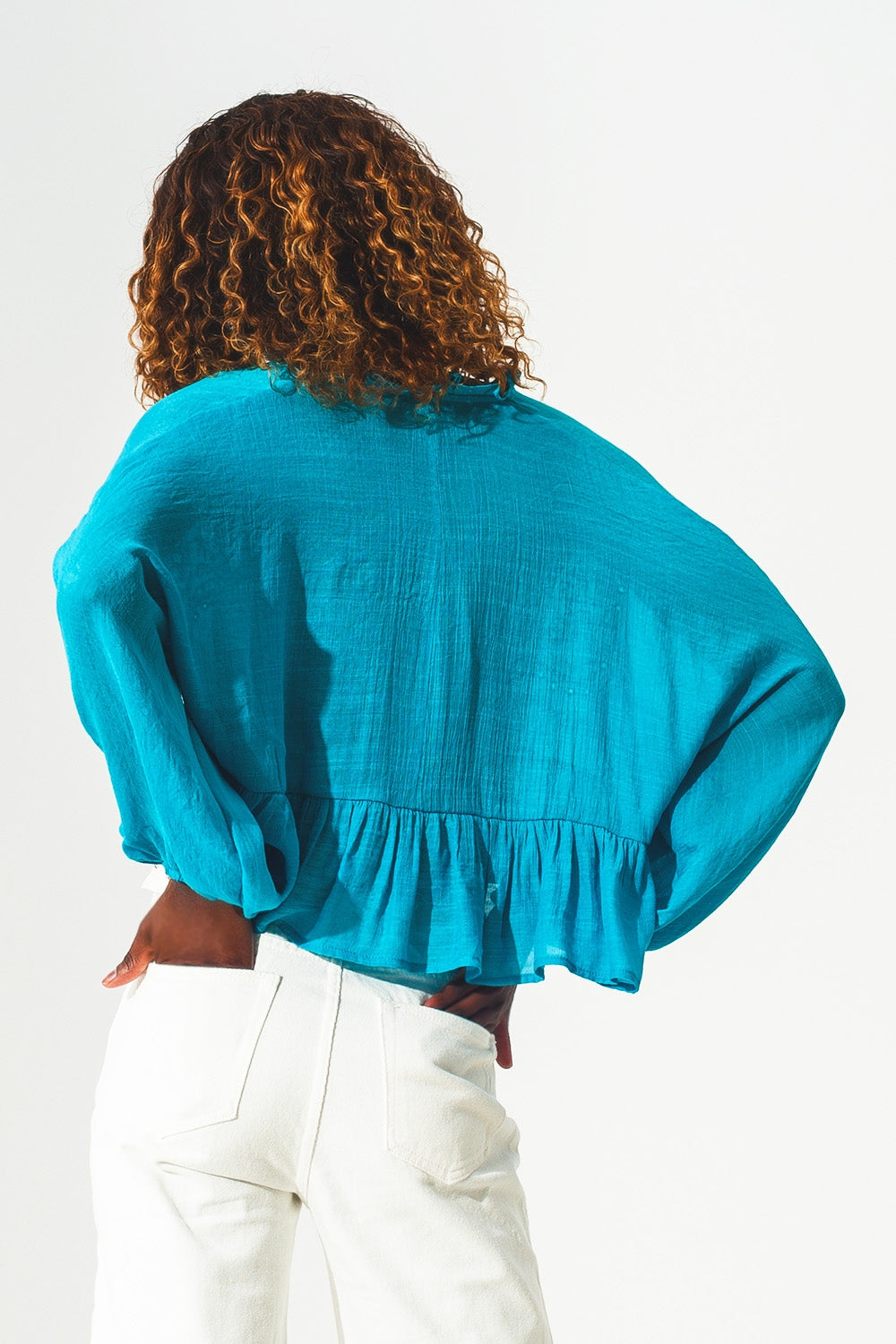 Shirred crop top with embroidery in blue - Tops