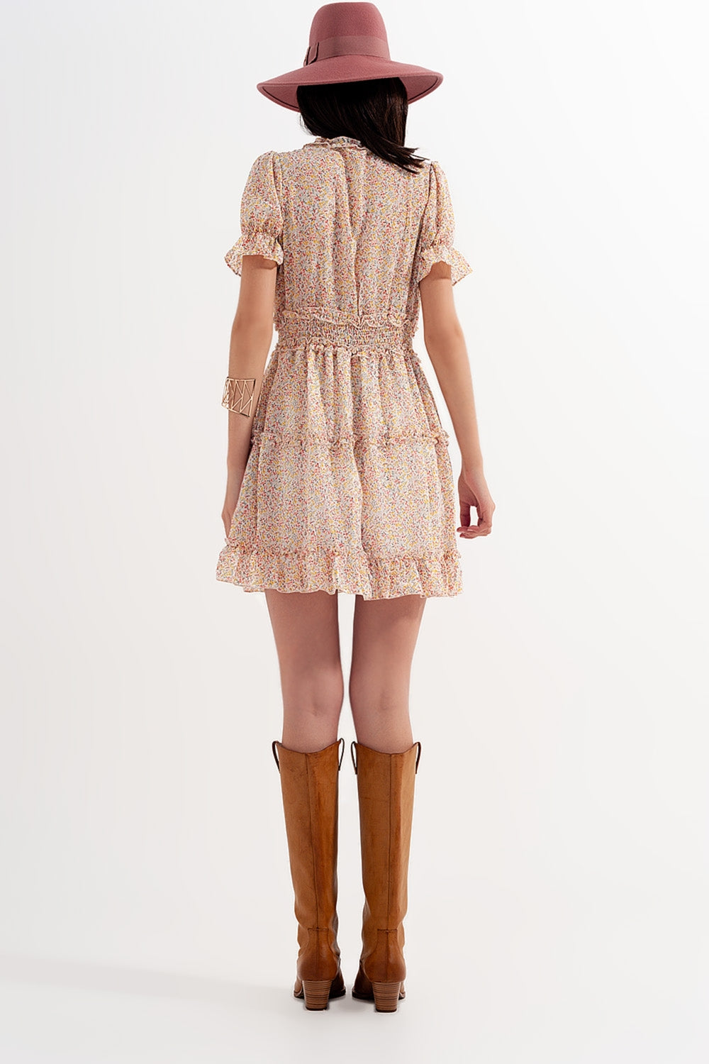 shirred mini skater dress in floral yellow - Dresses