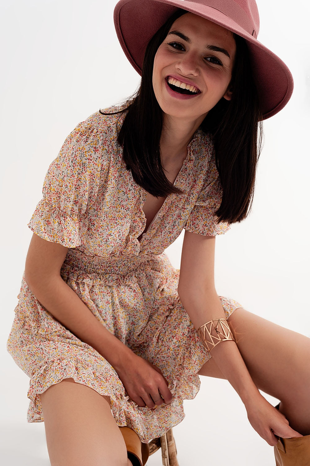 shirred mini skater dress in floral yellow - Dresses
