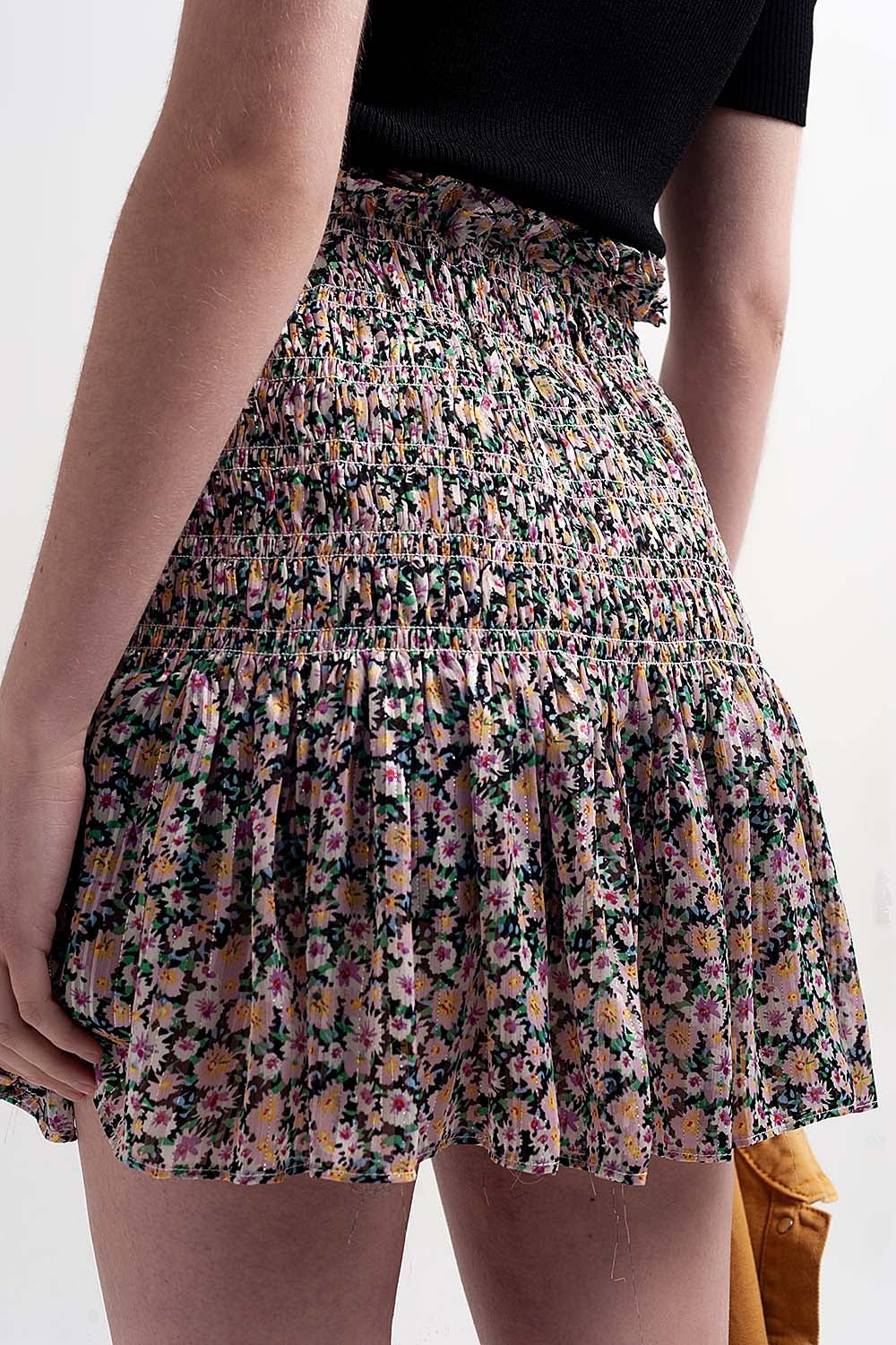 Shirred skater skirt co-ord in black ditsy floral - Skirts