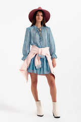 Shirred skirt mini dress with keyhole detail in turquoise