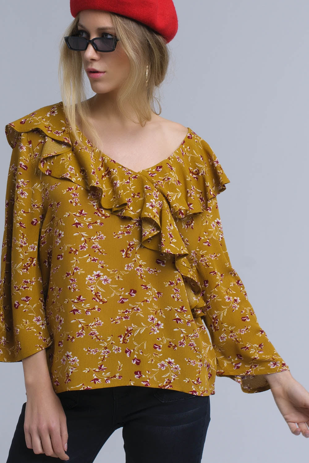 Shirt with crossed ruffles in mustard - Shirts