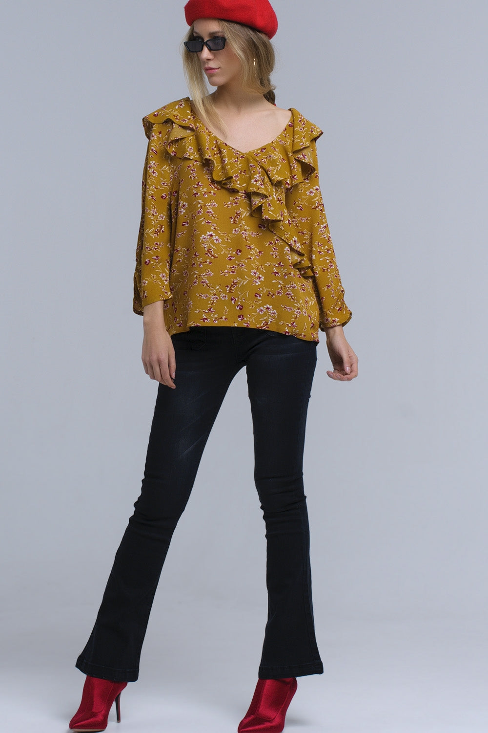 Shirt with crossed ruffles in mustard - Shirts