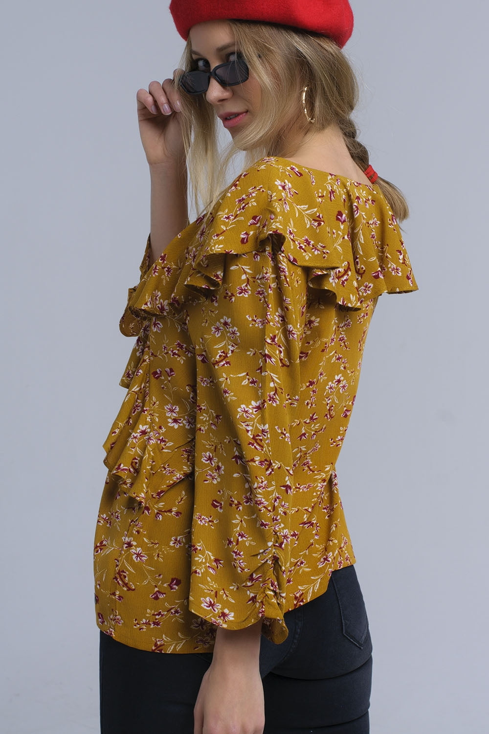 Shirt with crossed ruffles in mustard - Shirts