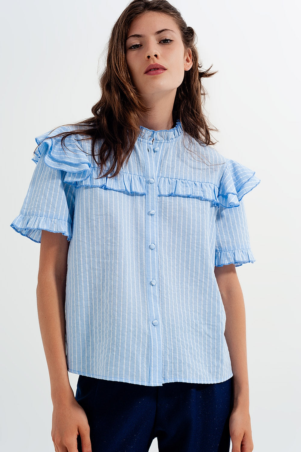 Shirt with frill detail in blue - Shirts
