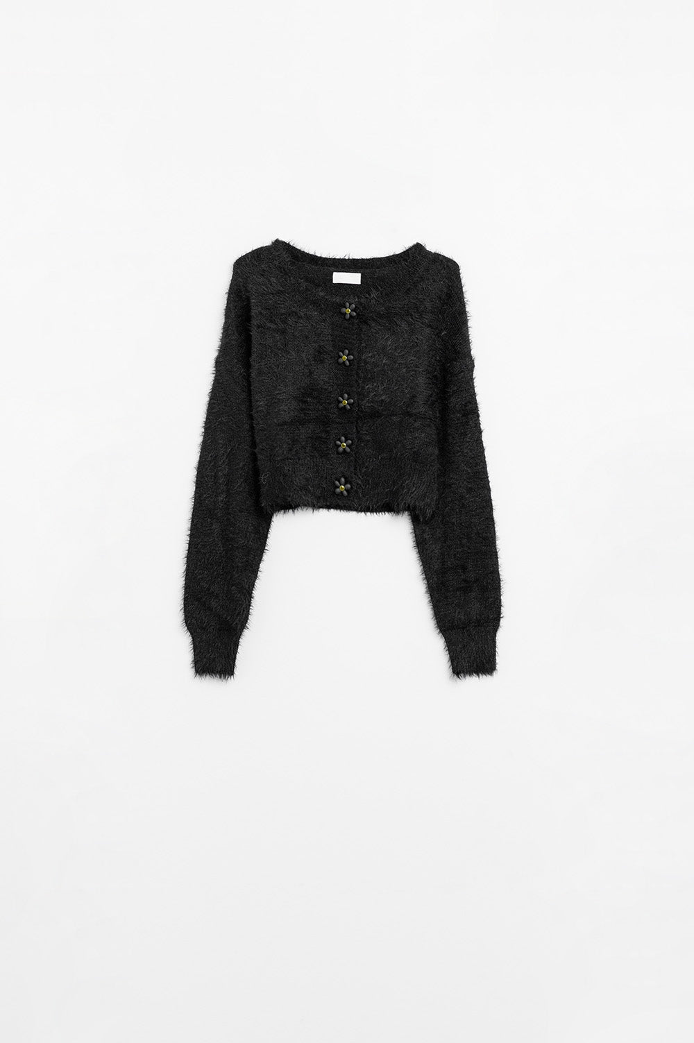 Short and fluffy black cardigan with flower buttons - Cardigans