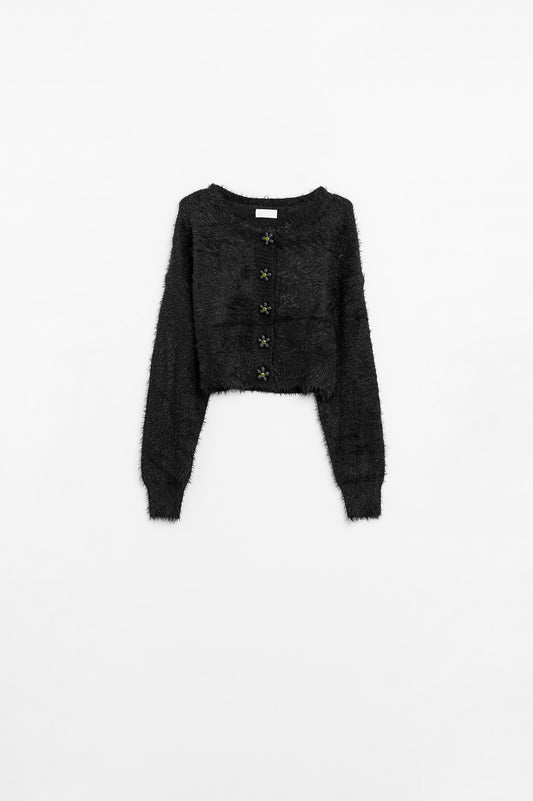 Short and fluffy black cardigan with flower buttons - Cardigans