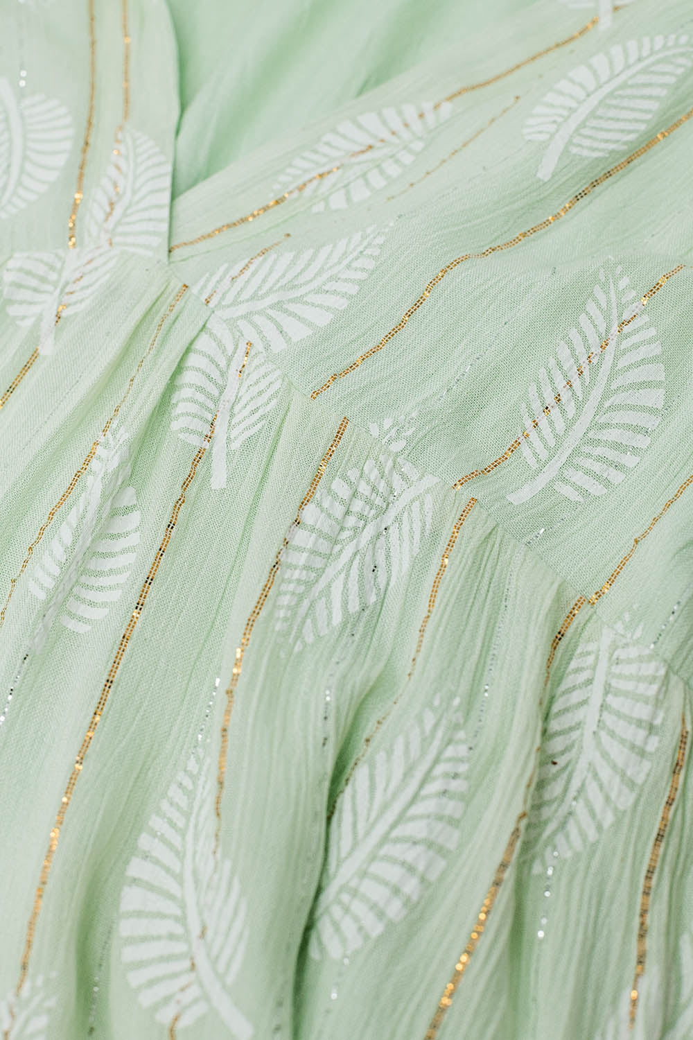 Short Babydoll Dress With Leaf Print And Lurex Thread in Mint - Dresses