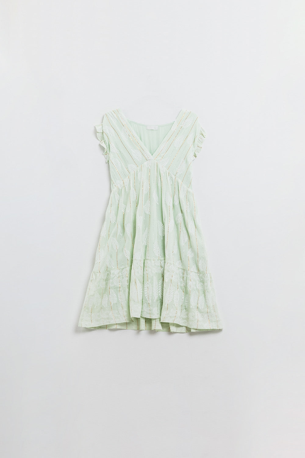 Short Babydoll Dress With Leaf Print And Lurex Thread in Mint - Dresses