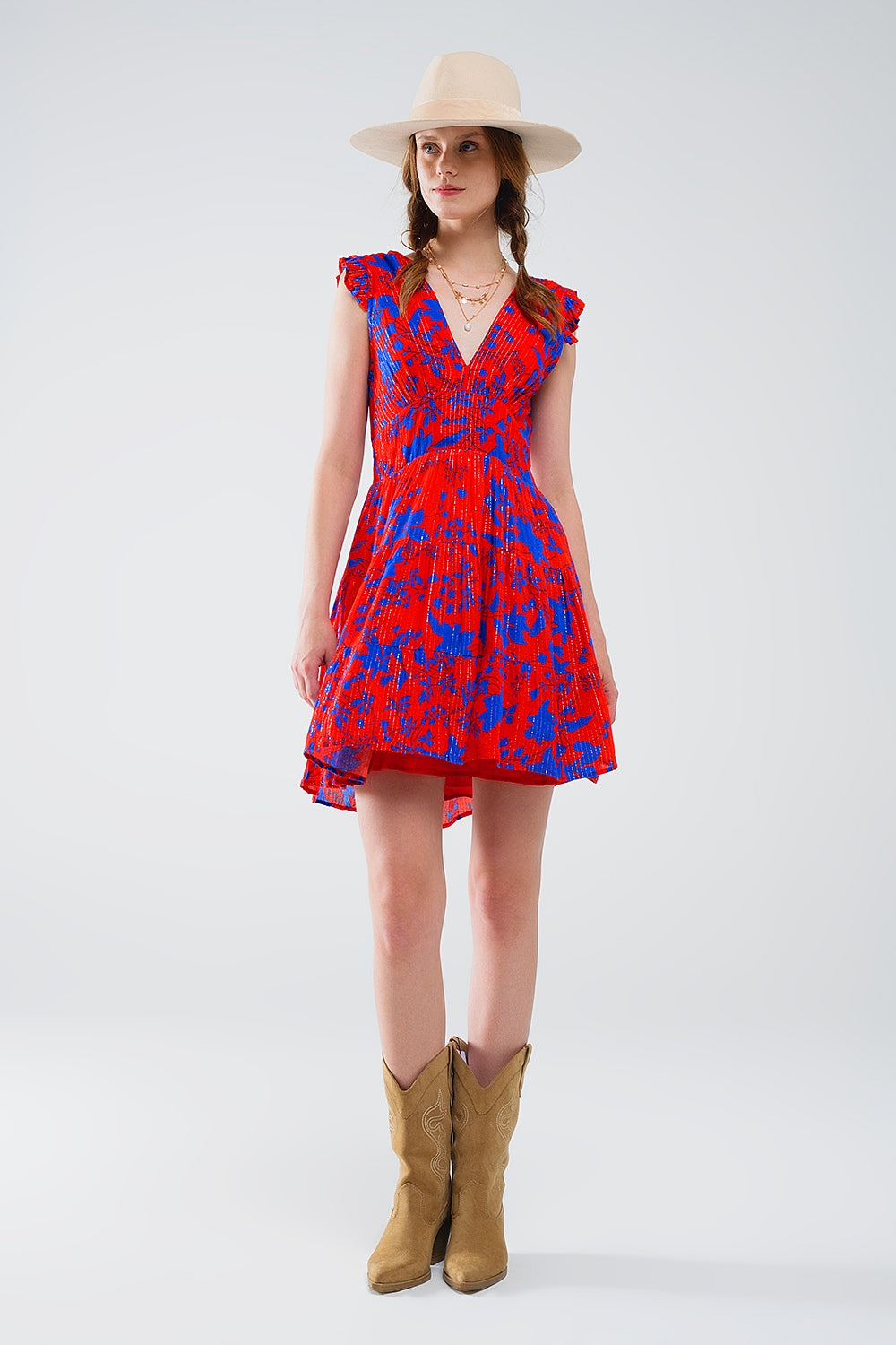 Short Dress In Red With Blue Floral Print And V-neck - Dresses