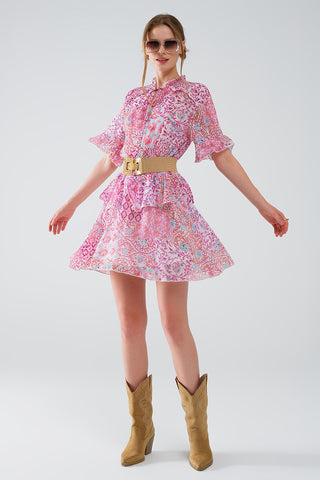 Short Dress With Abstract Print And Ruffled Skirt in Shades of Pink