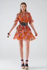 Vestido Curto com Estampa Animal em Laranja e Branco