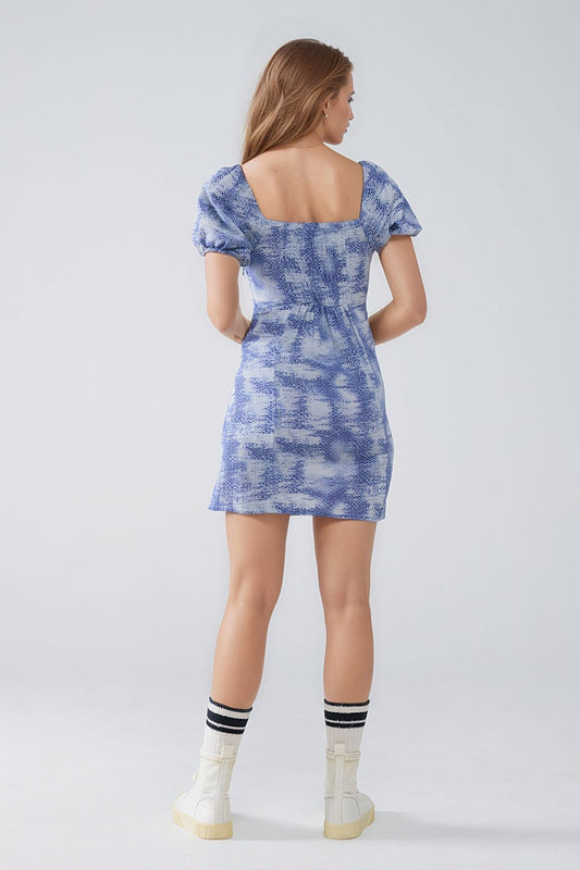 Short Dress With Puff Sleeves In Abstract Blue and White Print - Dresses