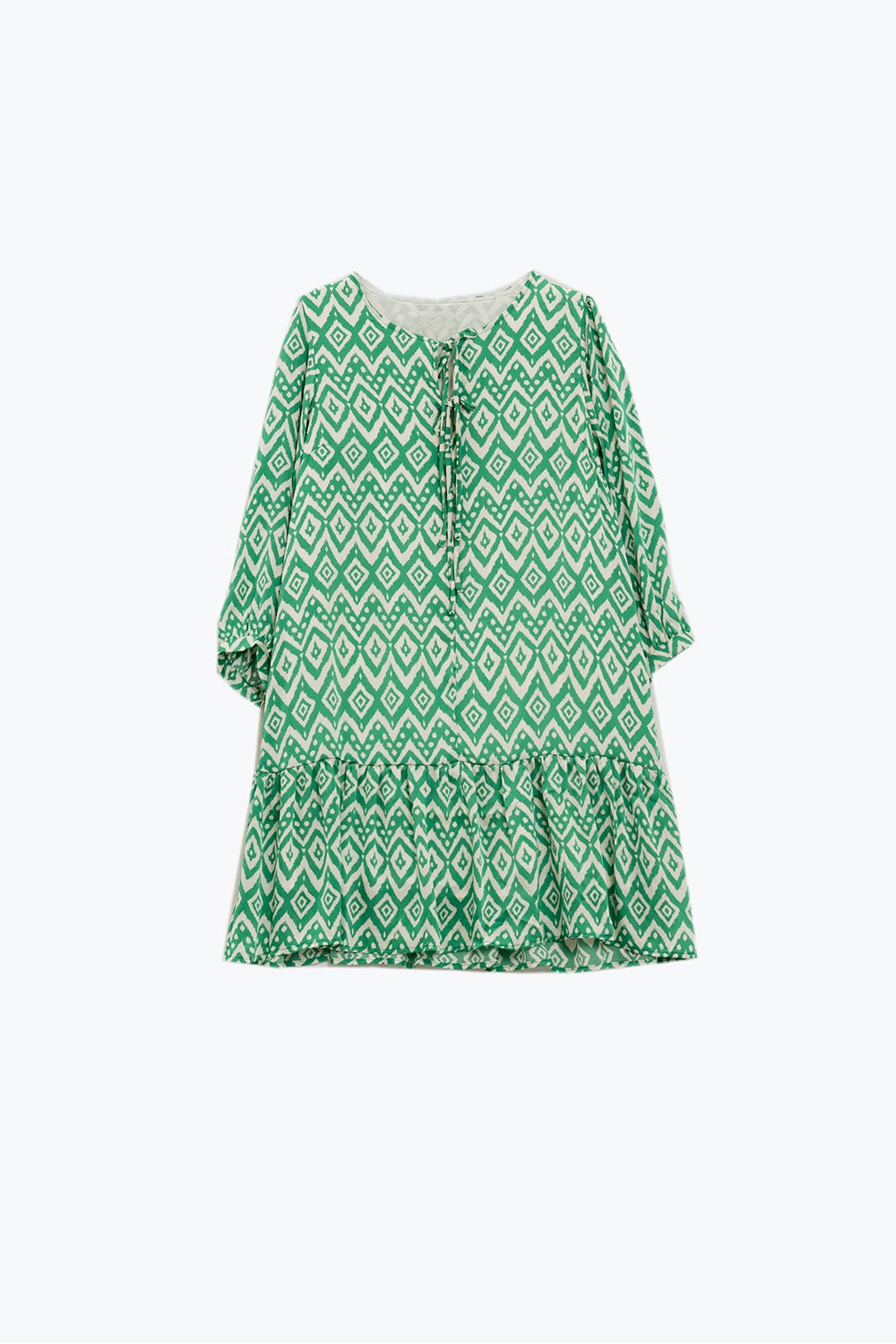 Short Dress With Tie At The Front Details in Ethnic Green Print - Dresses