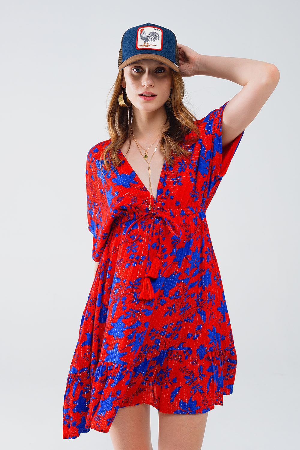 Short Flowy Dress In Red With Blue Floral Print - Dresses