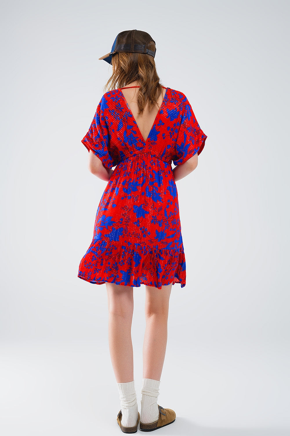 Short Flowy Dress In Red With Blue Floral Print - Dresses