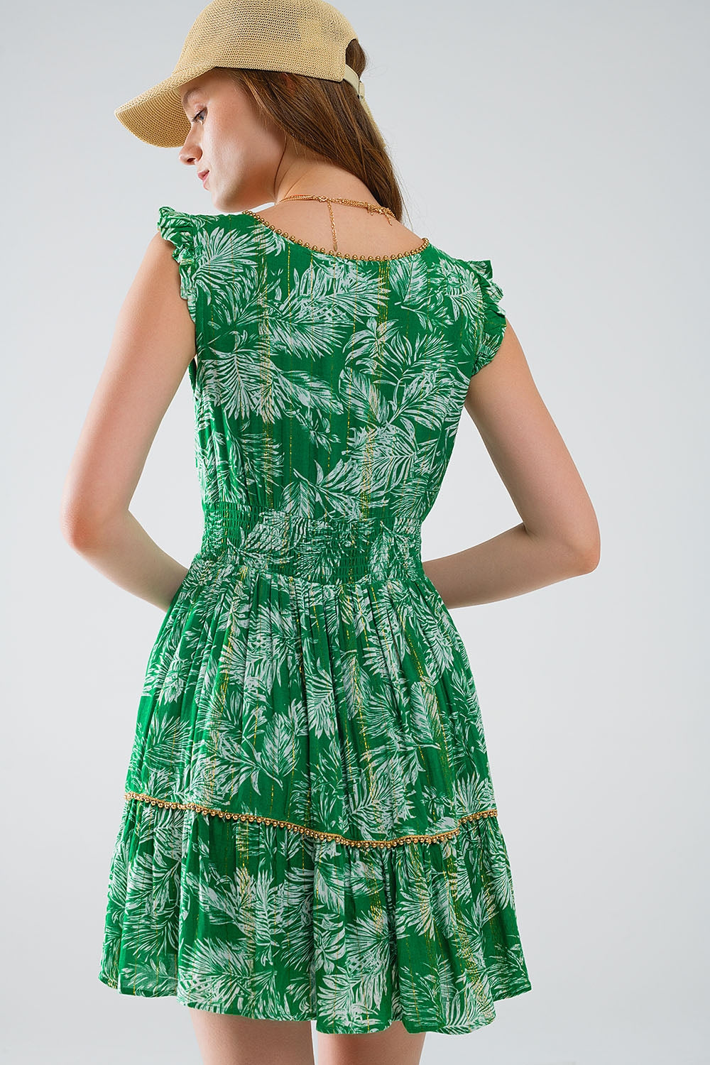 short green boho flower print dress with lurex detail - Dresses
