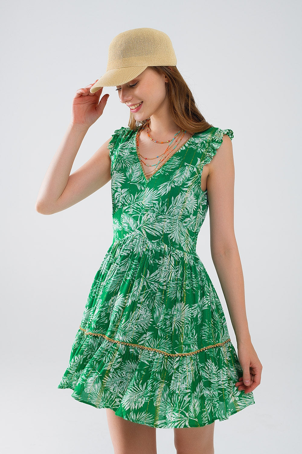 short green boho flower print dress with lurex detail - Dresses