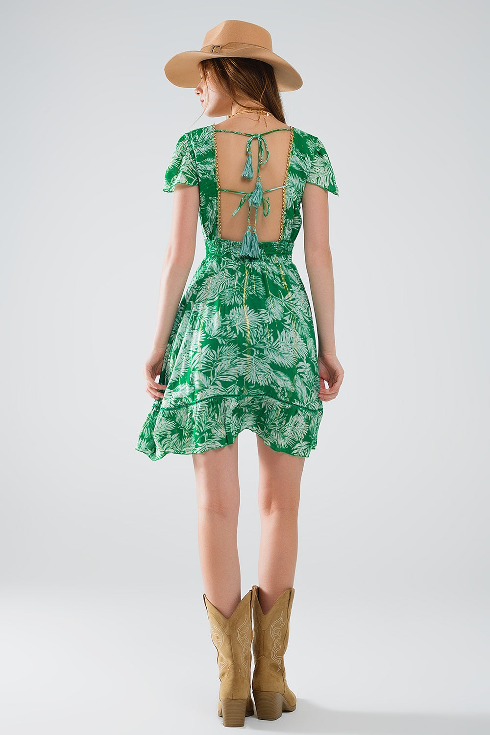 short green boho flower print dress with open back - Dresses