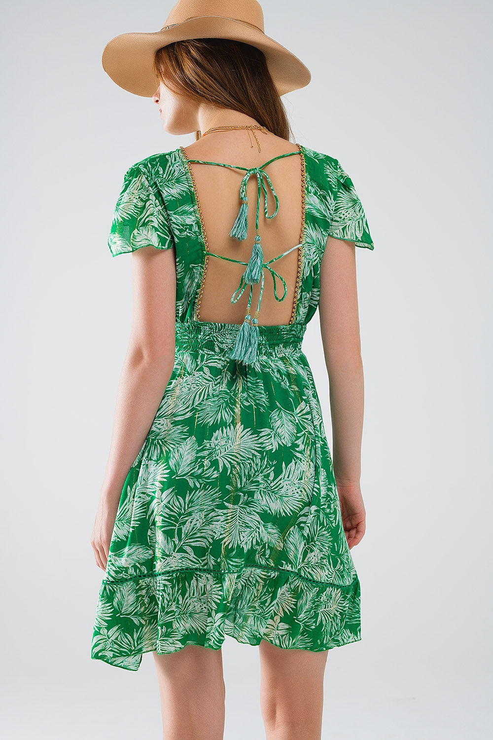 short green boho flower print dress with open back - Dresses