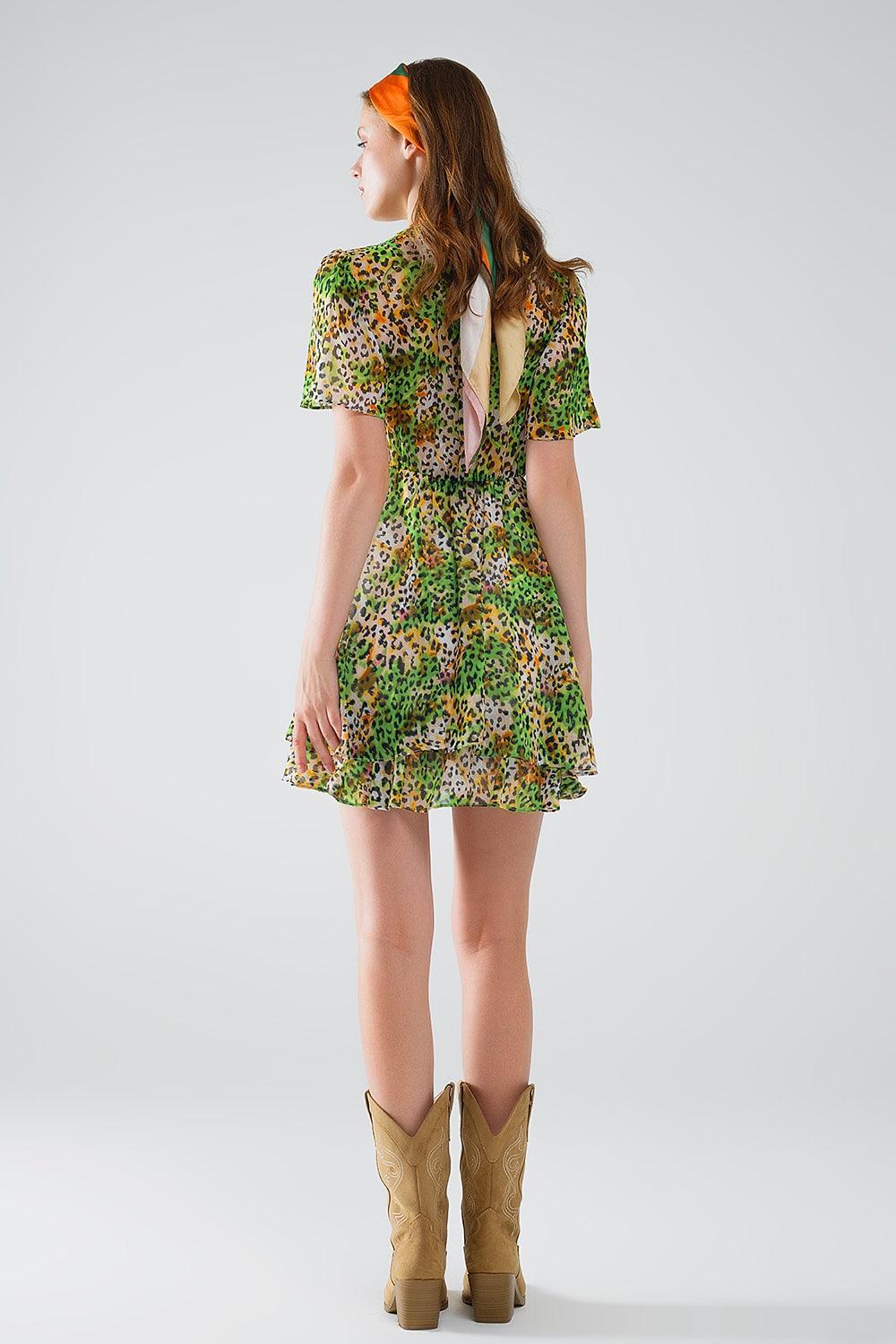 Short Green Multicolored Dress With Crossed Top with Animal Print - Dresses