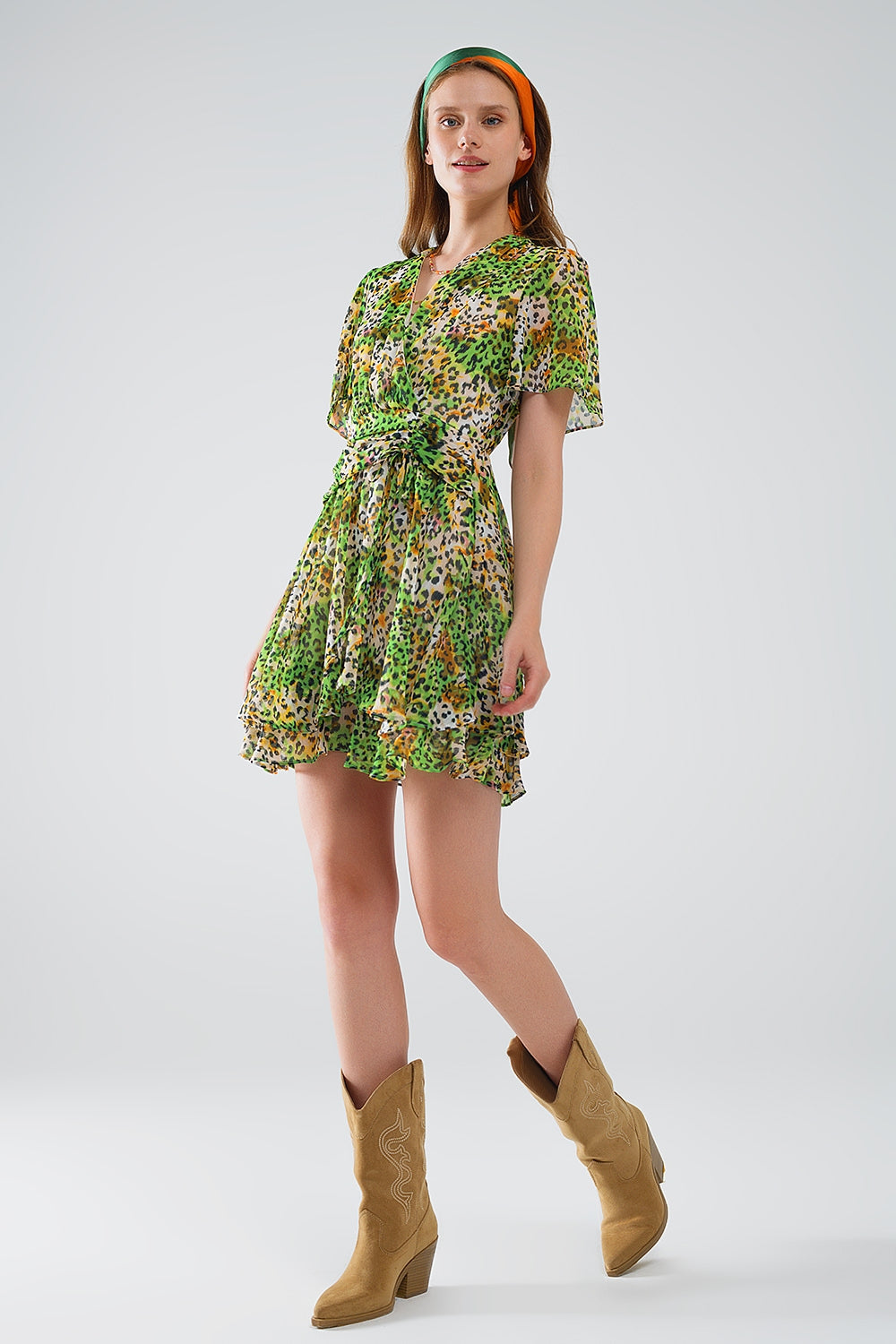 Short Green Multicolored Dress With Crossed Top with Animal Print - Dresses