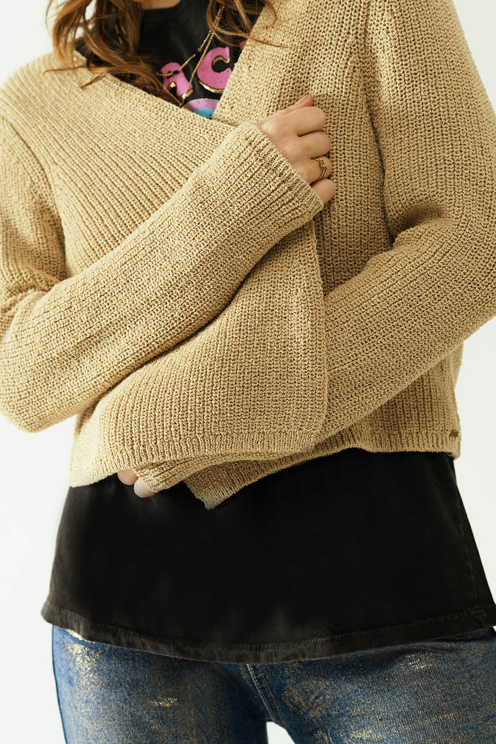 Short open cardigan in beige knit with long sleeves - Cardigans