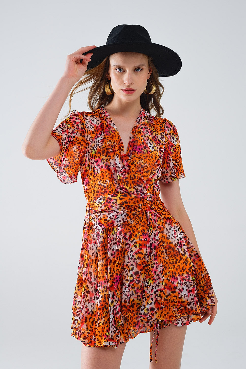 Short Orange Multicolored Dress With Crossed Top with Animal Print - Dresses