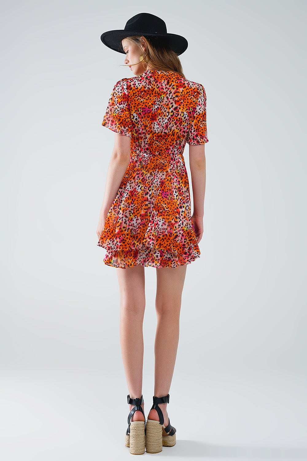 Short Orange Multicolored Dress With Crossed Top with Animal Print - Dresses
