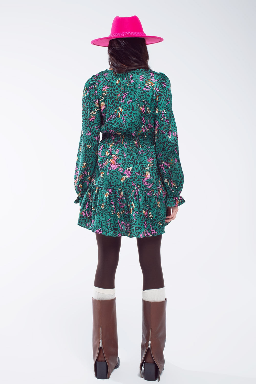 Short Printed Dress With Tiered Skirt and Ruffled Cuff in Forest Green - Dresses