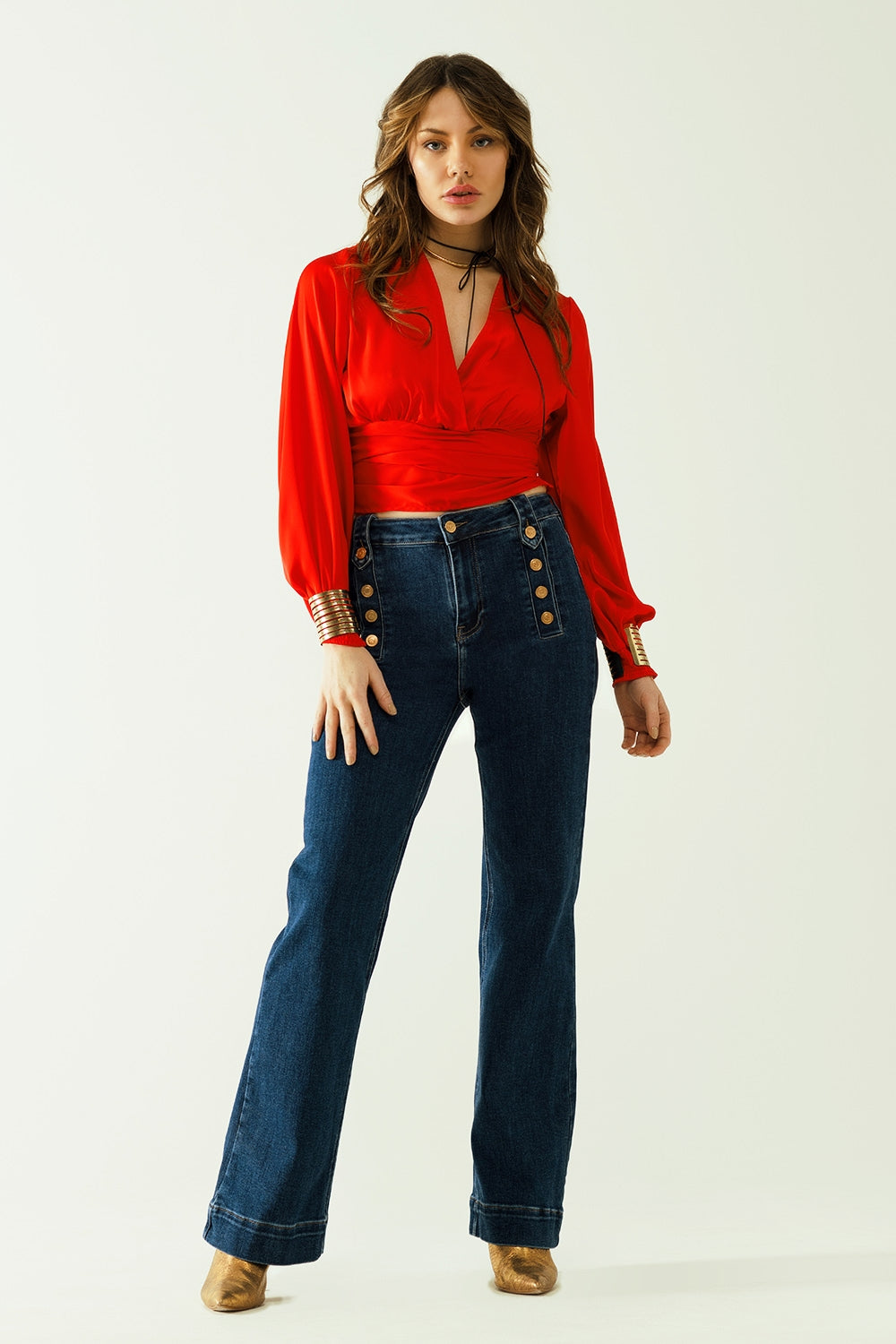Short red crop top with long and wide sleeves - Tops