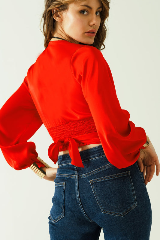 Short red crop top with long and wide sleeves - Tops