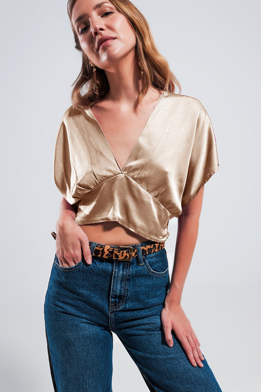 Short sleeve cropped satin top in beige - Tops