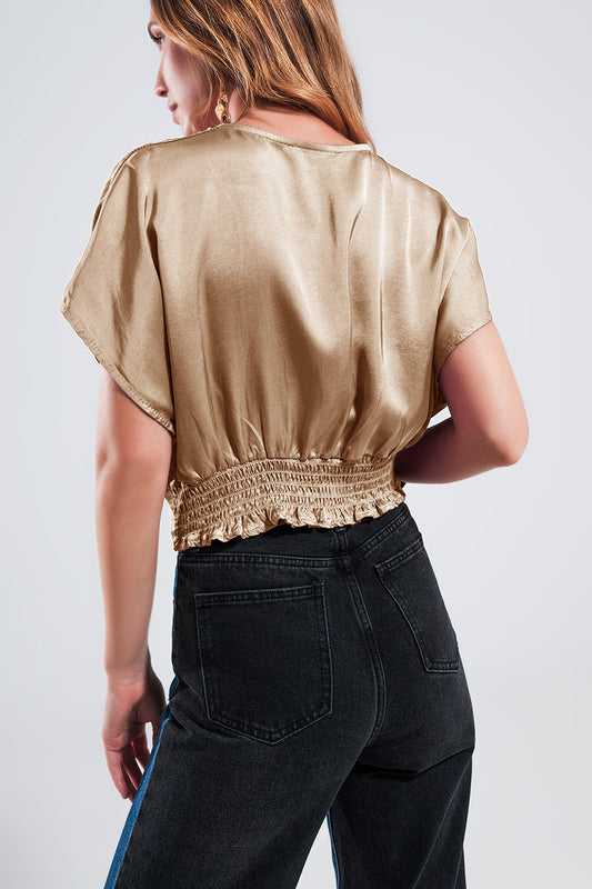 Short sleeve cropped satin top in beige - Tops