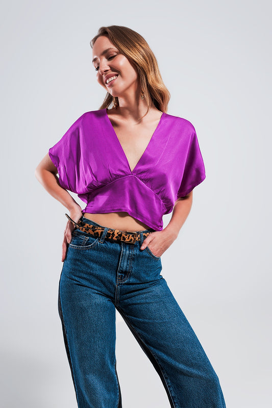 Short sleeve cropped satin top in fuchsia - Shirts