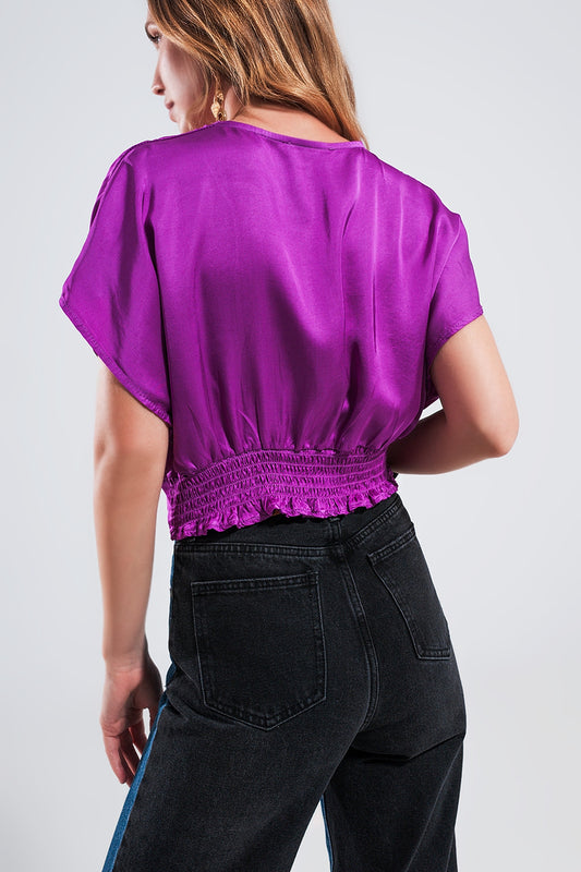 Short sleeve cropped satin top in fuchsia - Shirts