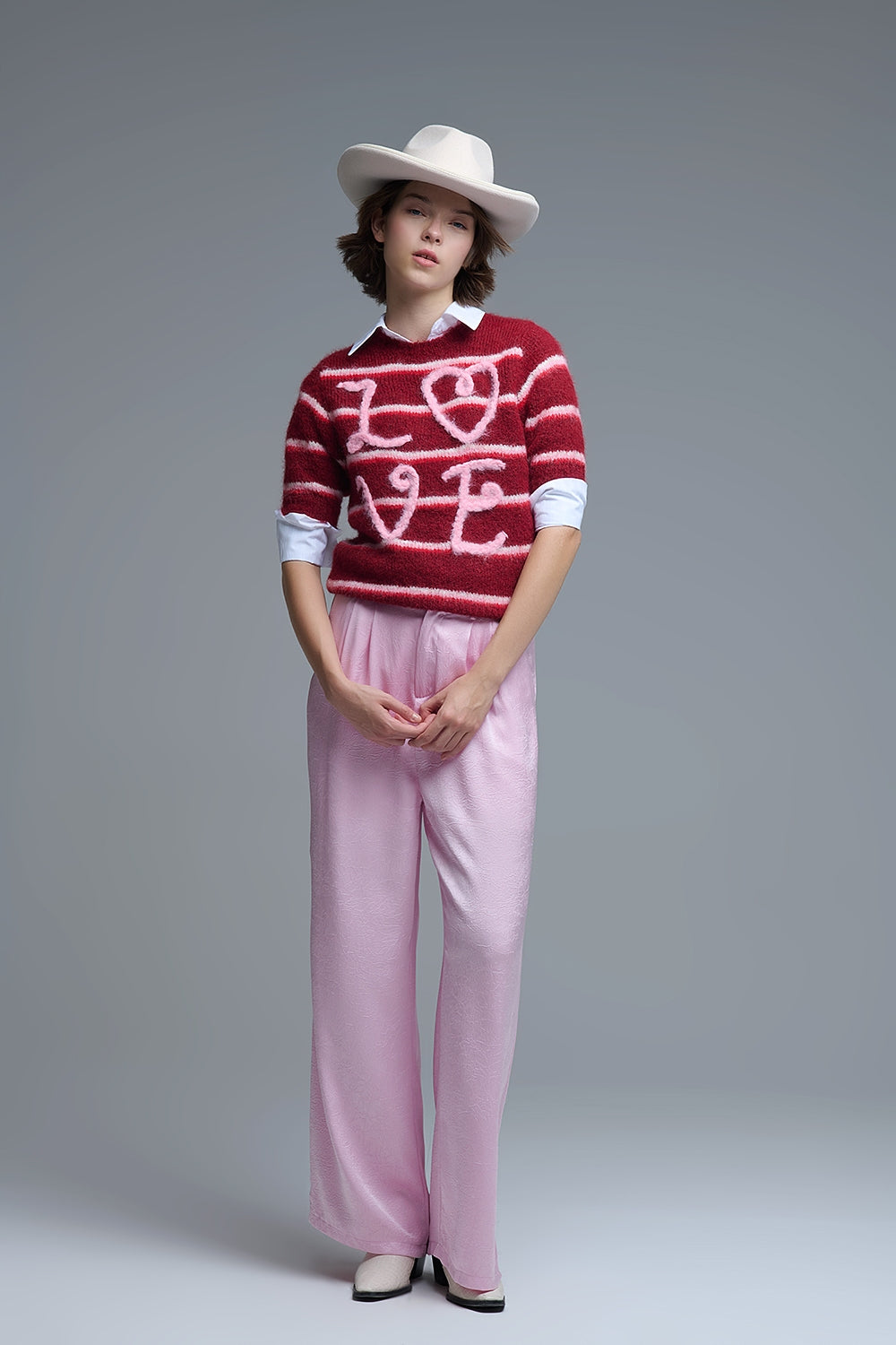 Short Sleeve Embroidered Love Sweater in Burgundy - Sweaters